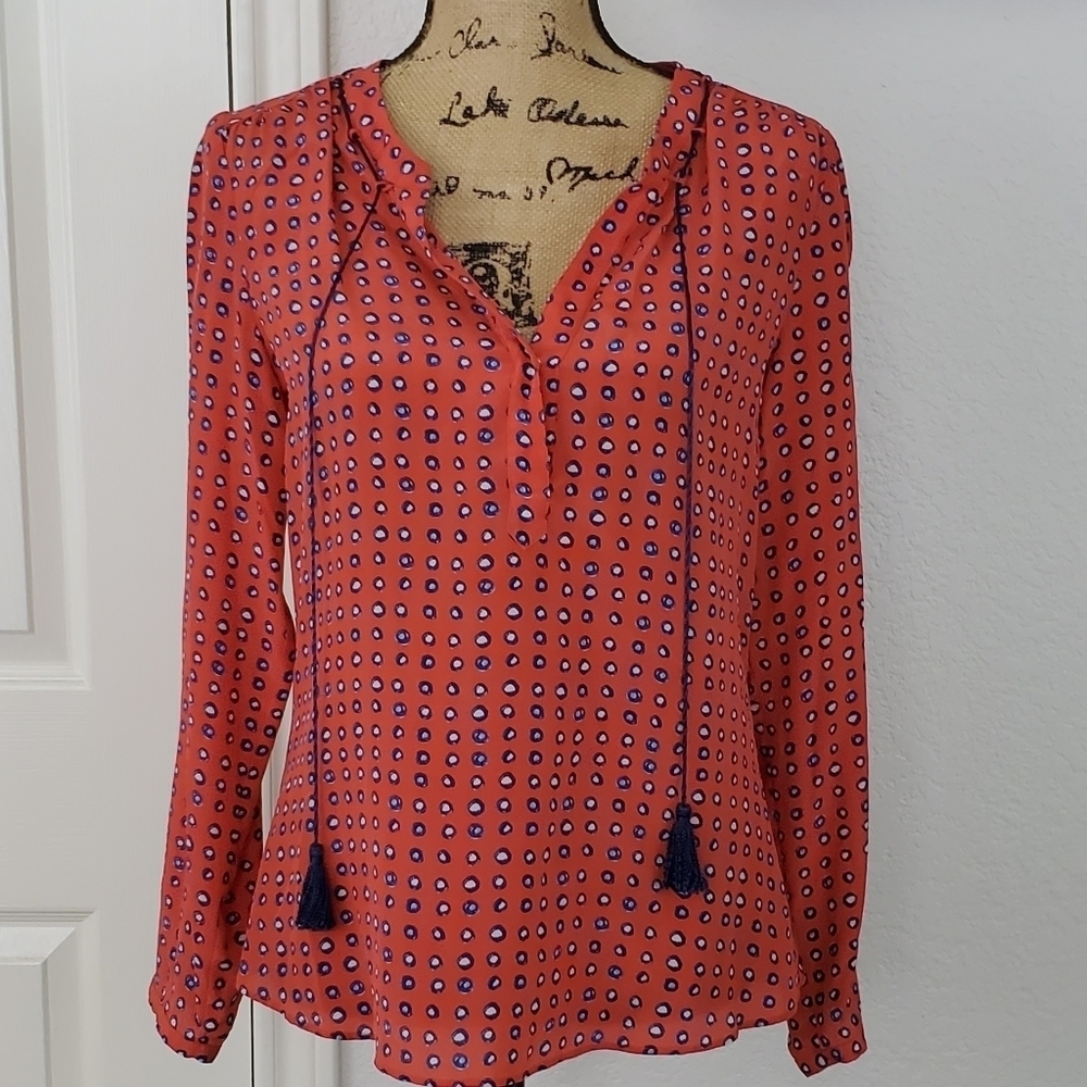 NIC+ZOE Red Blue Dots Long Sleeve 100% Silk Blouse Tassel Cording Women’s Small